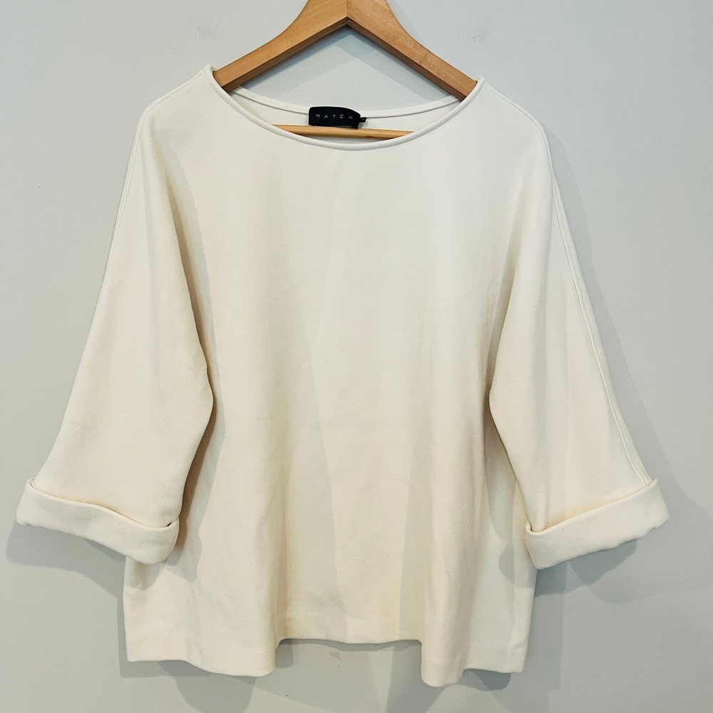 HATCH "The Sam" Boatneck Boxy Top Minimalist Ivory Size M Cuffed Sleeve Stretch